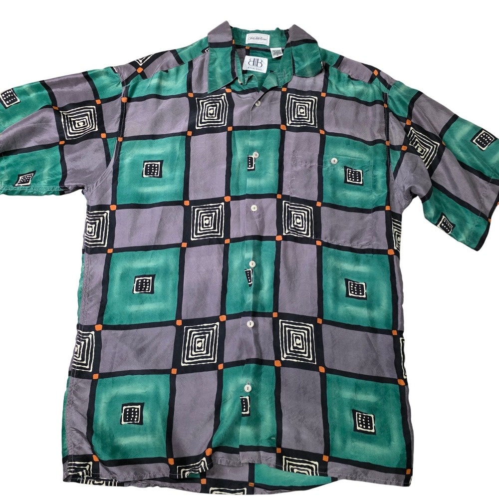 Burma Bibas 100% Silk Geometric‎ Print Short Sleeve Button Up Shirt Mens M